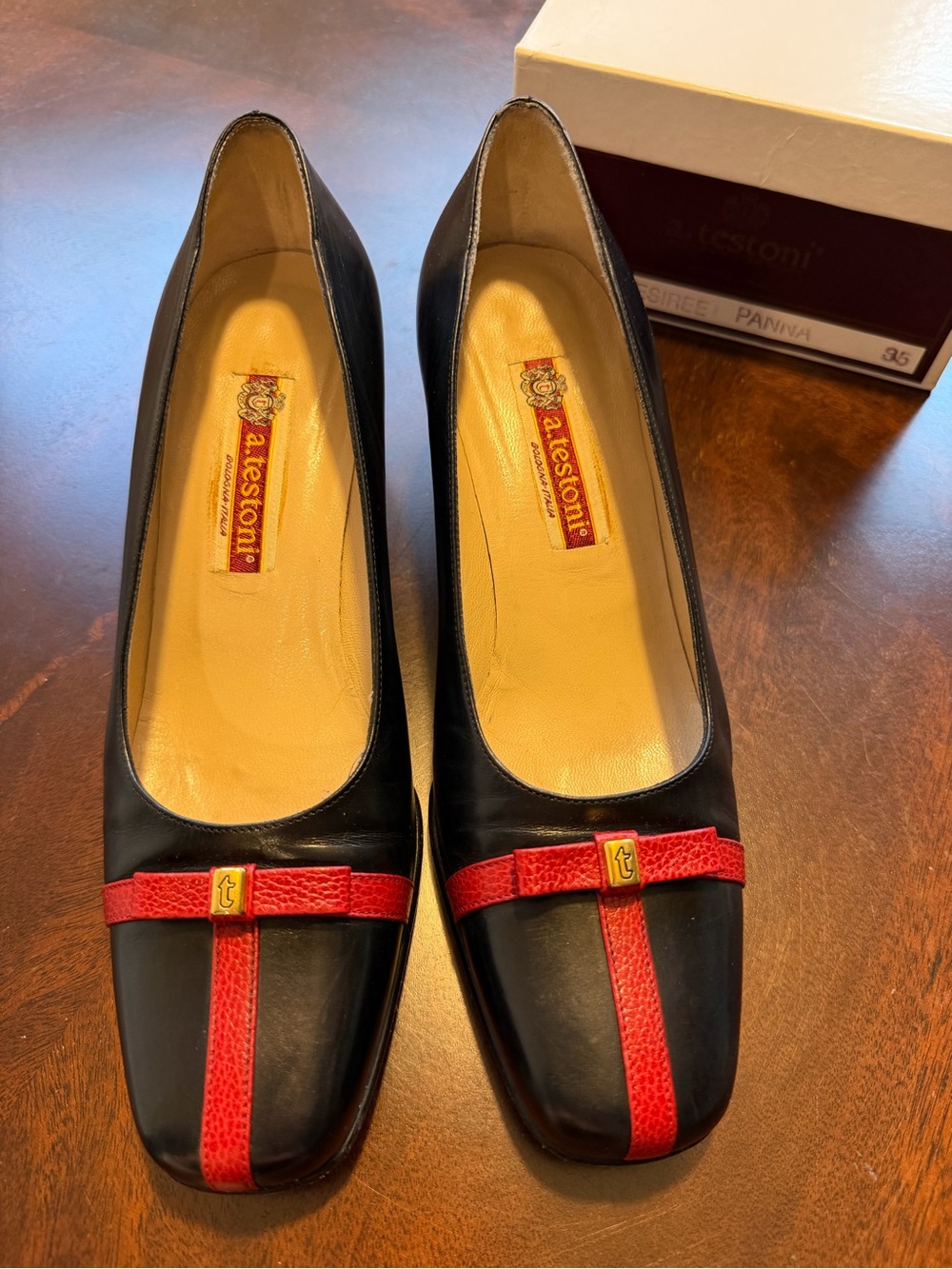 a. testoni Vintage Black and Red Leather Block Heel Bow Pumps